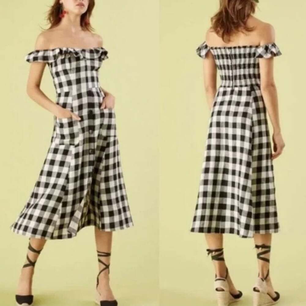 Reformation 100% Linen Black & White Gingham Midi Dress Sz 4 Off-Shoulder